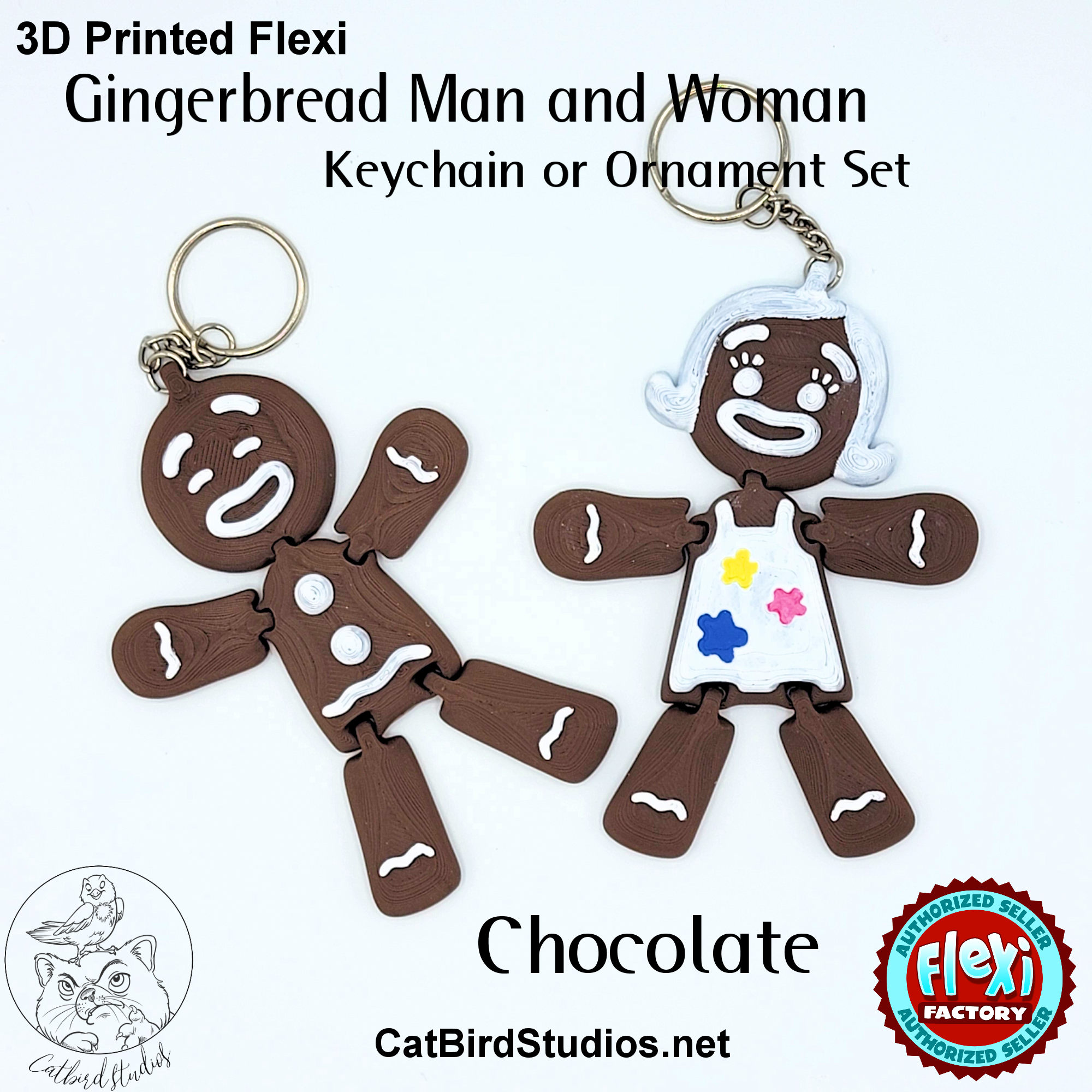 3D Printed Flexi Gingerbread Man and Woman Keychain or Ornament Set